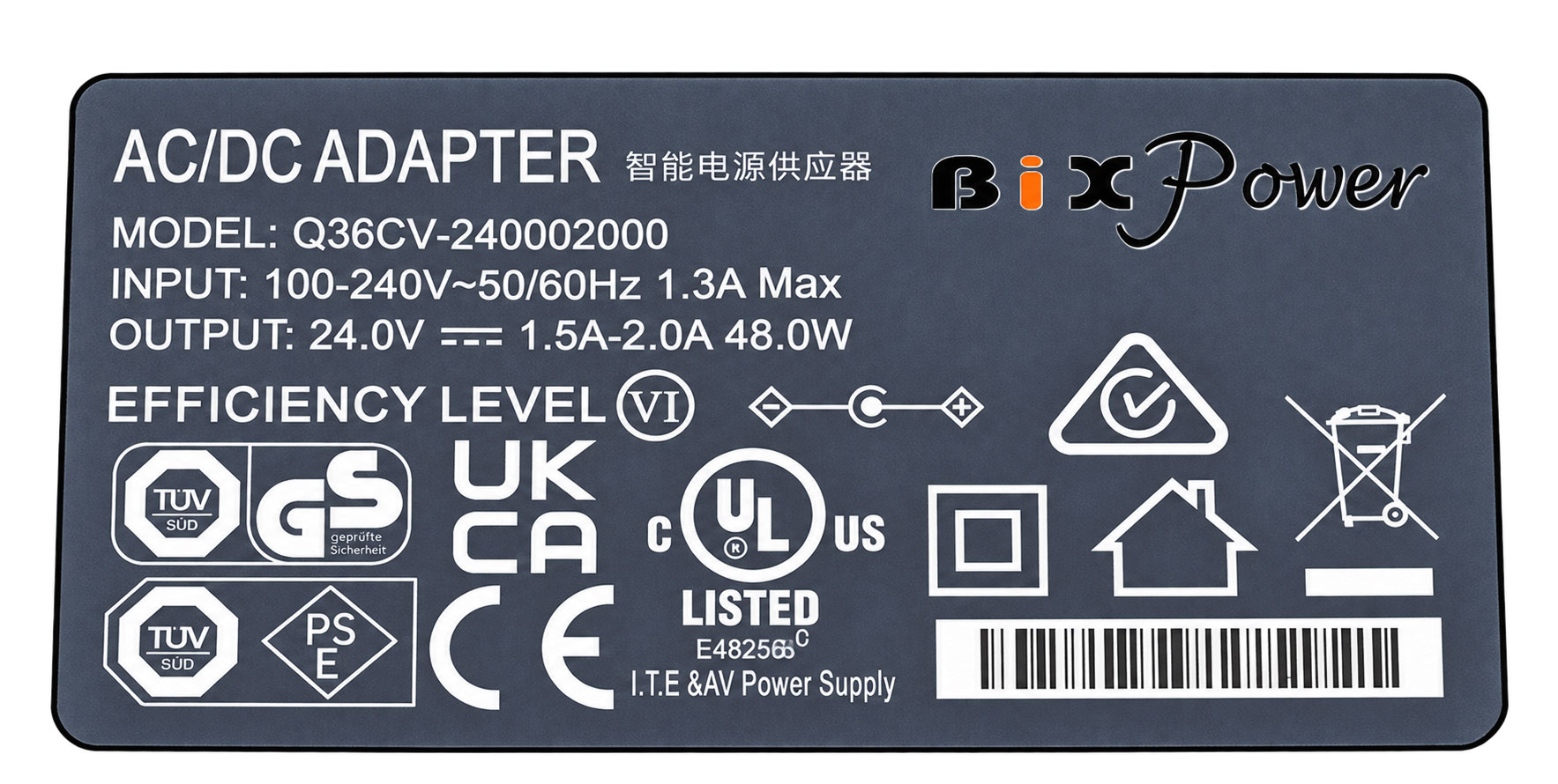 BiXPower compact 24V 2A power adapter dimensions 76 x 40 x 30mm or 3 x 1.6 x 1.2 inches