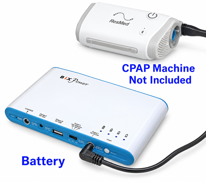 BiXPower BP100 battery powering ResMed AirMini CPAP machine