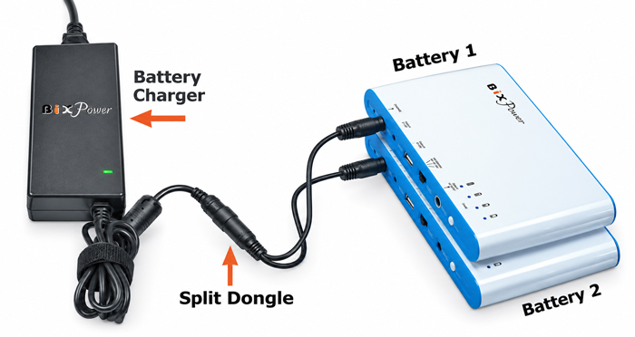 Charge two BP100 batteries together with AC charger and split dongle