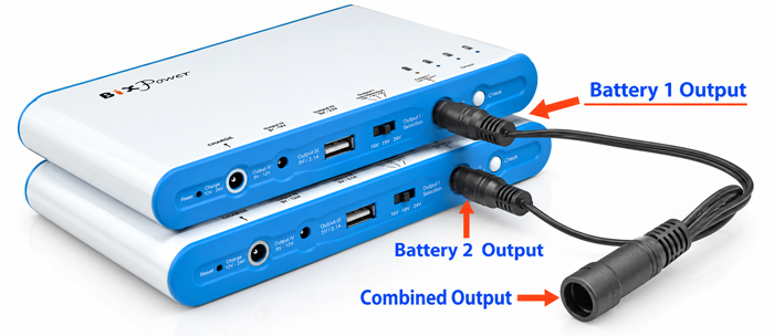 Two BP100 batteries connected together with split dongle