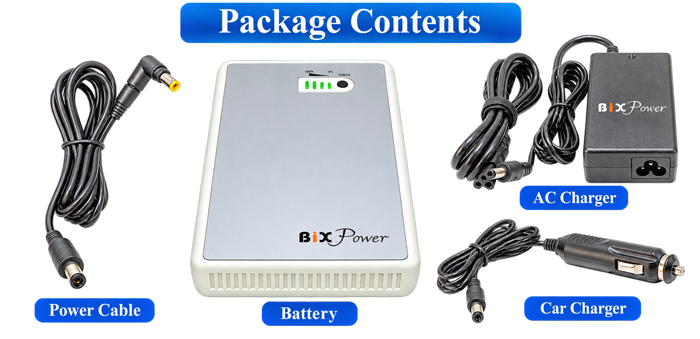 BiXPower BP90 DreamStation battery package contents with 99Wh battery AC charger car charger and power cable