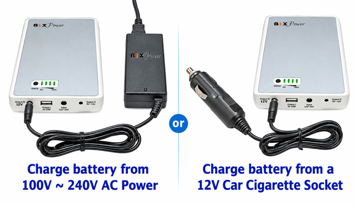 BiXPower BP90 battery AC wall charger and 12V car charging options