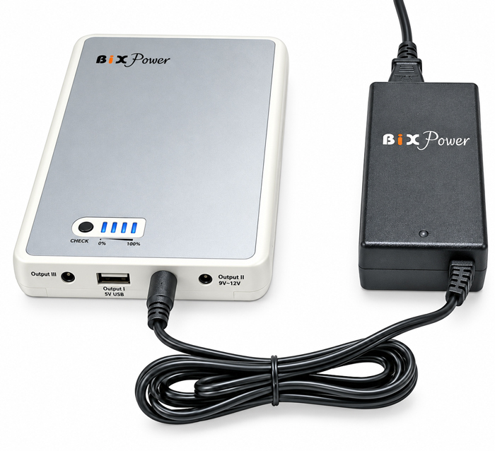 BiXPower BP90 rechargeable battery connected to included AC battery charger