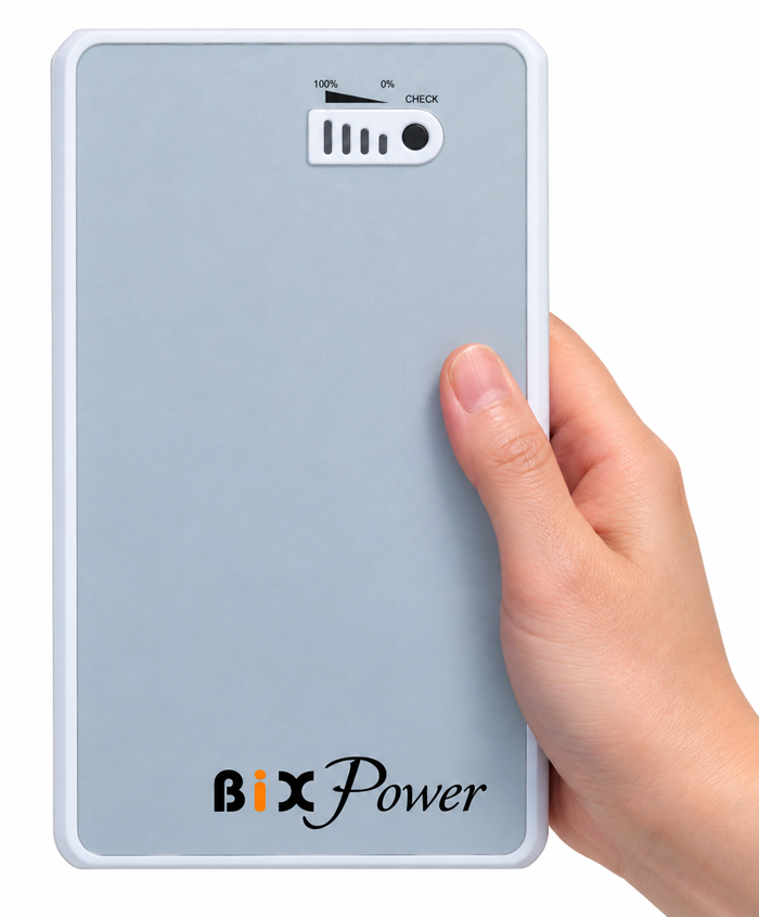 Compact BiXPower BP90 rechargeable battery shown in hand for size comparison