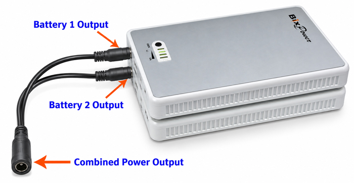 Two BiXPower BP90 rechargeable batteries connected in parallel using Y25 connector for extended CPAP runtime
