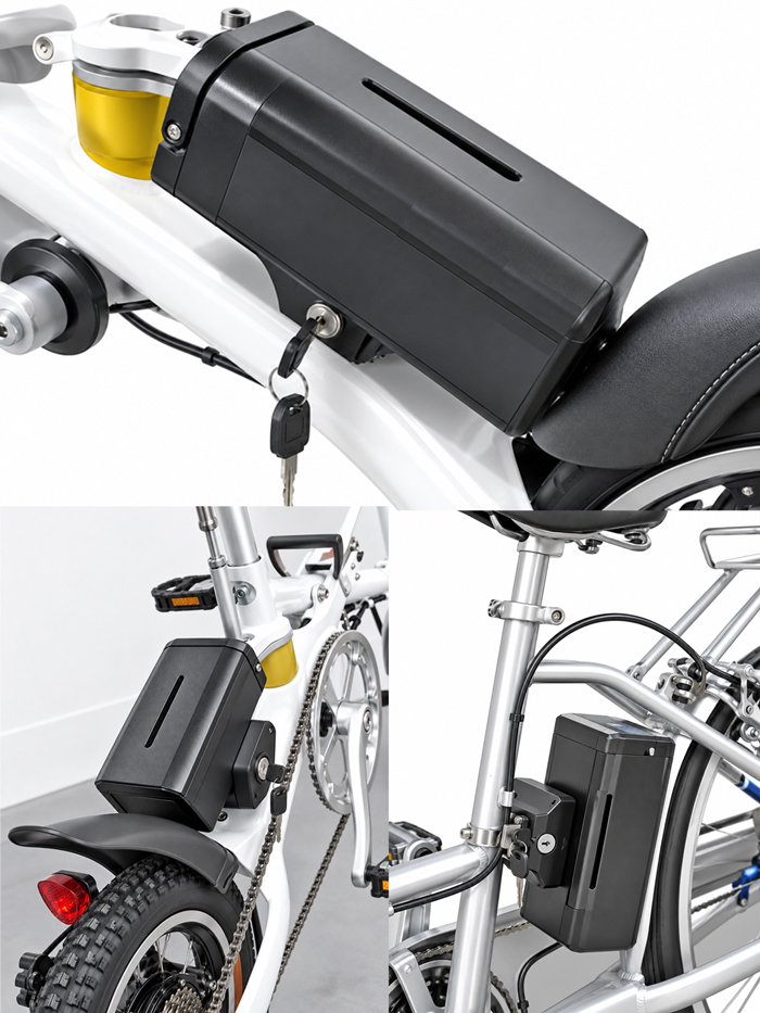 Examples of BiXPower BX2499B battery installed in different positions on bicycles