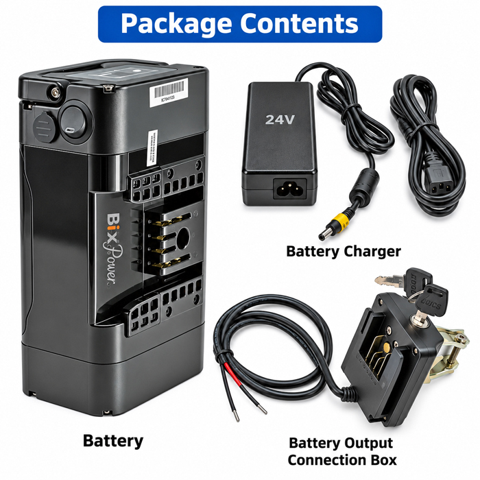 BiXPower BX2499B package contents including battery charger and battery output connection box