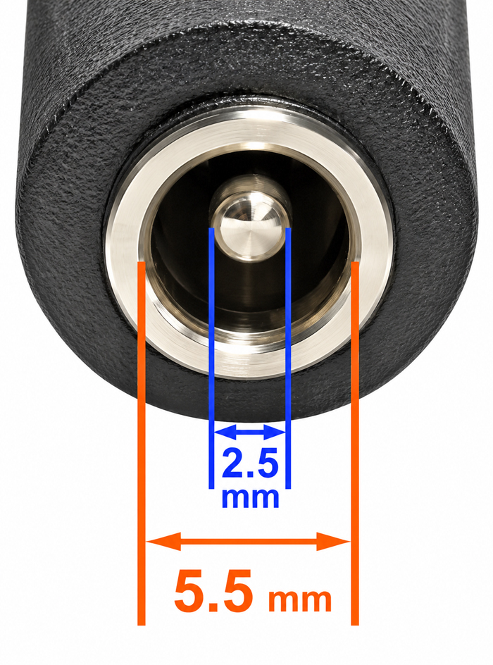 Standard 5.5 x 2.5mm female DC power connector used with BiXPower CNT-C11