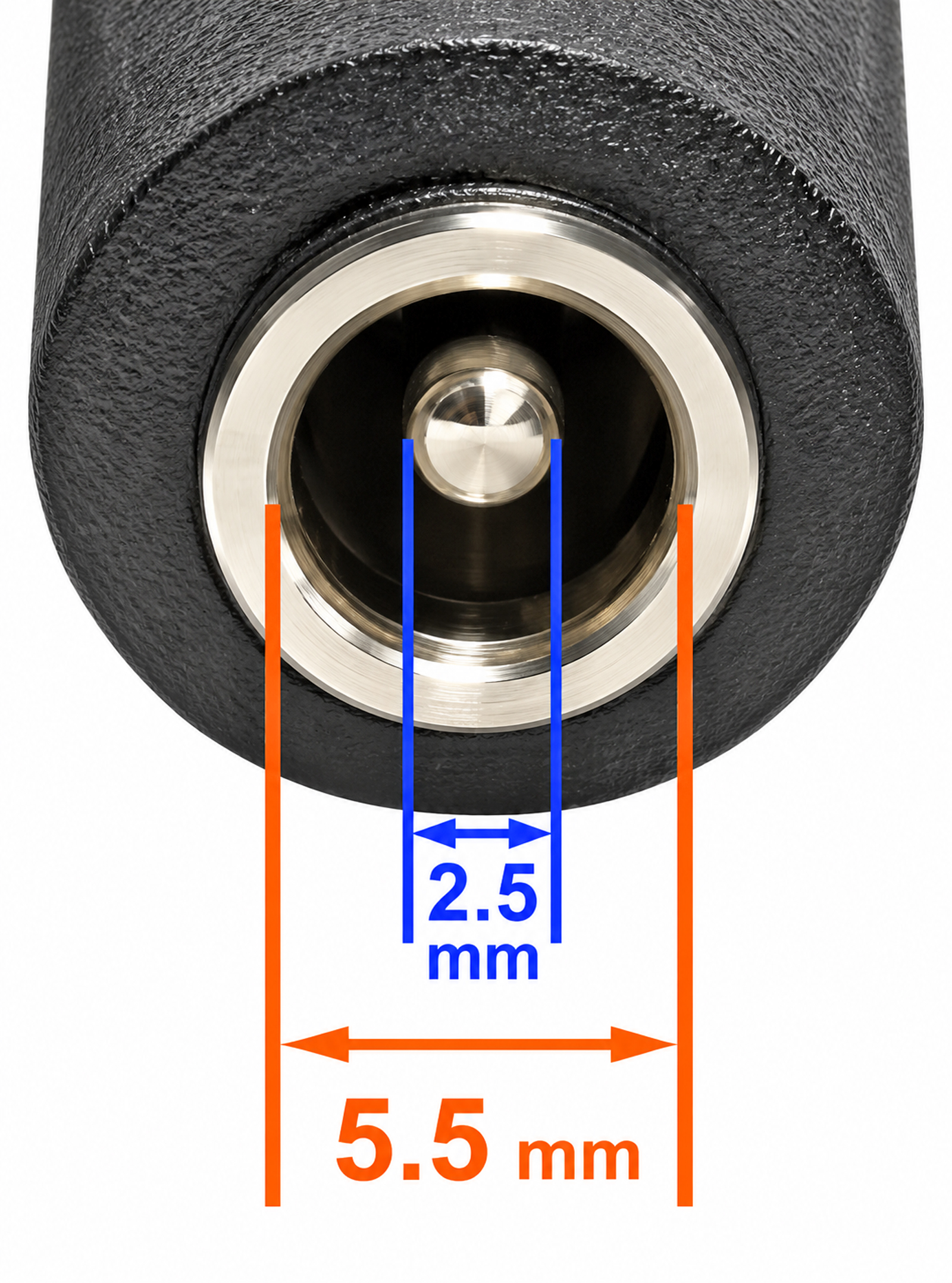 Close-up of BiXPower 5.5 x 2.5mm female DC input connector showing dimensions