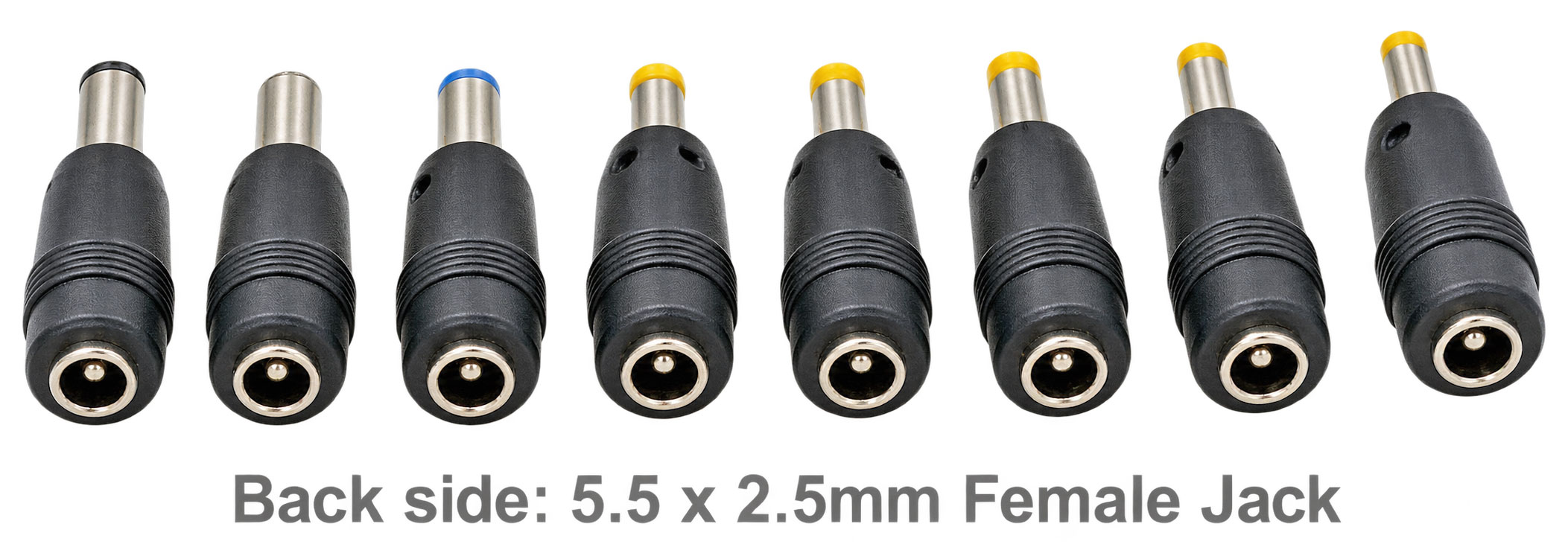 Rear view of eight straight DC connector tips showing 5.5 x 2.5mm female barrel jacks
