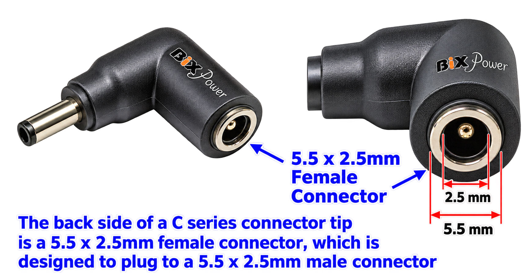 BiXPower C-series adapter showing rear 5.5 x 2.5mm female DC jack dimensions