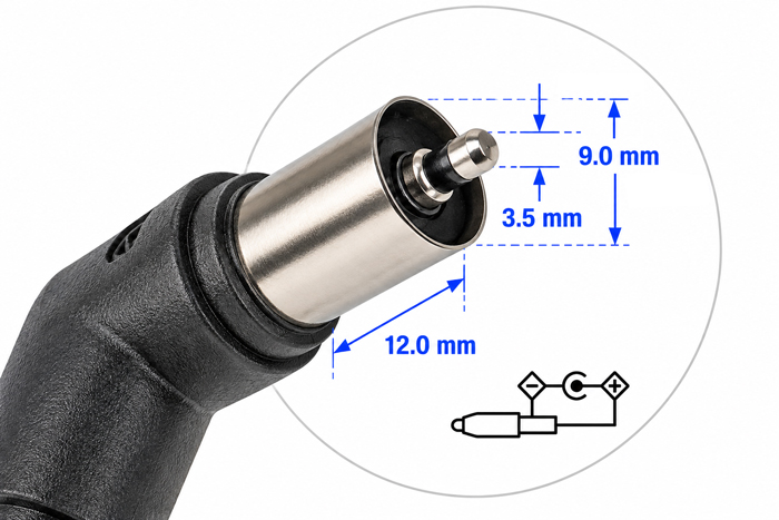 CNT-C11 Apple laptop power connector dimensions 9.0mm outer diameter and 3.5mm inner diameter