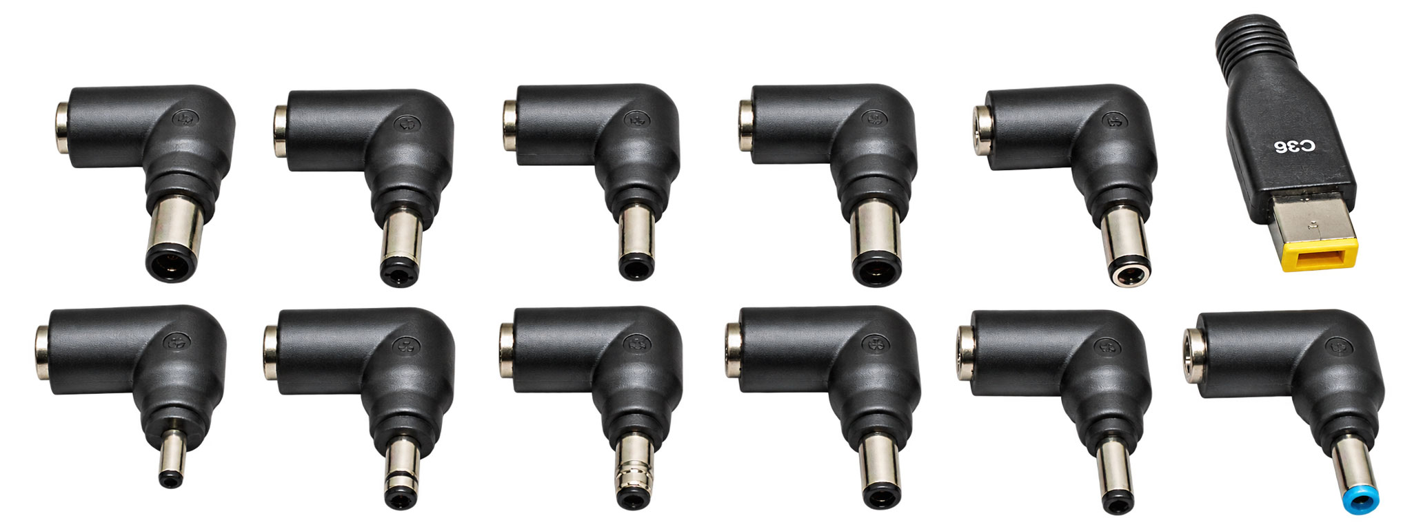 BiXPower 12-piece DC connector adapter kit showing the included C-series connector tips