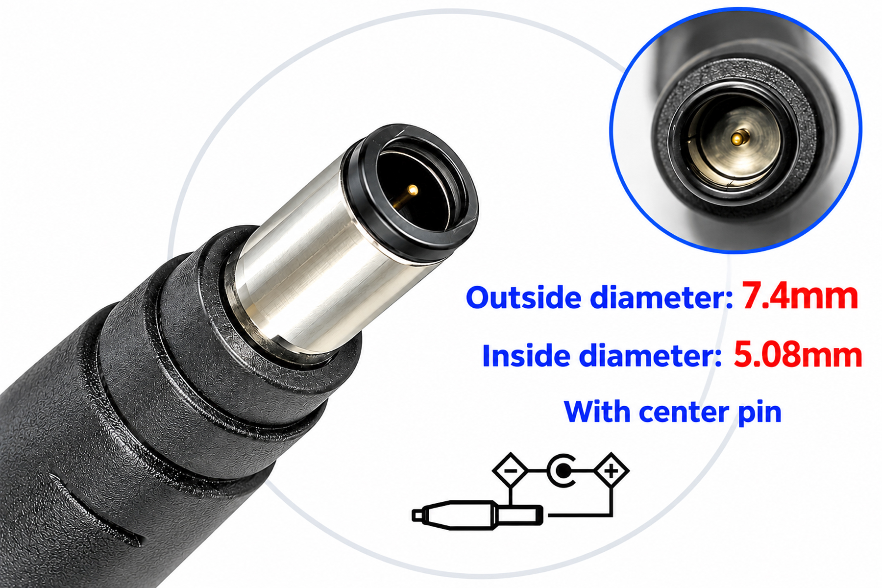 7.4 x 5.08mm DC power connector with center pin dimensions