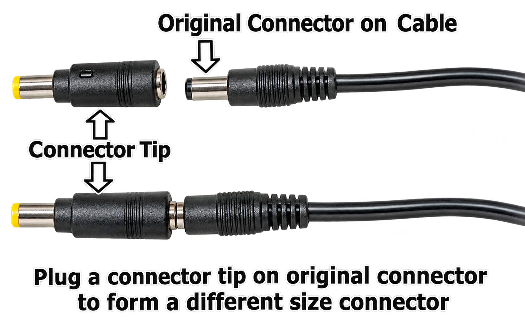 Diagram showing a straight DC connector adapter tip attached to a 5.5 x 2.5mm male power cable