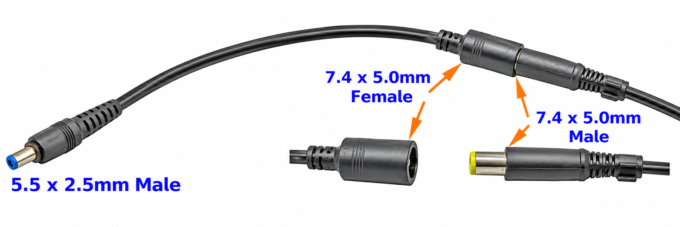 BiXPower CNT-X75 connecting 7.4 x 5.0mm male power plug to 5.5 x 2.5mm male DC connector