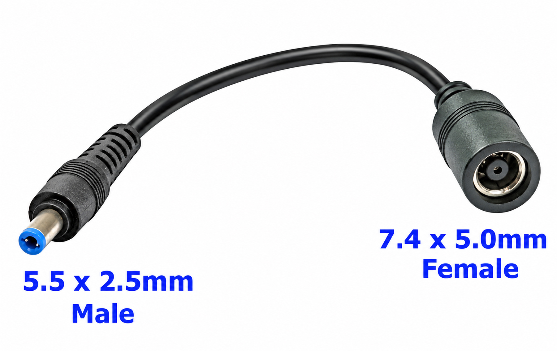 BiXPower CNT-X75 5.5 x 2.5mm male and 7.4 x 5.0mm female DC connector sizes