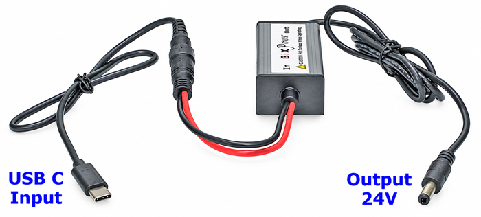 BiXPower USB-C PD cable connected to 24V DC boost converter with output power cable