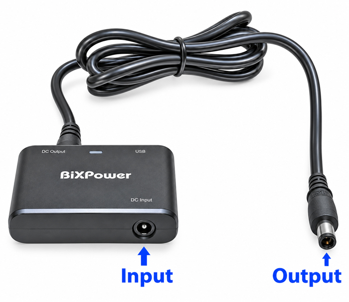 BiXPower AirSense 10 DC converter input and output connections with 5.5 x 2.5mm barrel input