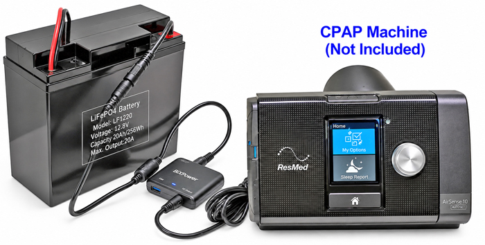 BiXPower LF1220 rechargeable battery powering ResMed AirSense 10 CPAP machine through regulated 24V converter