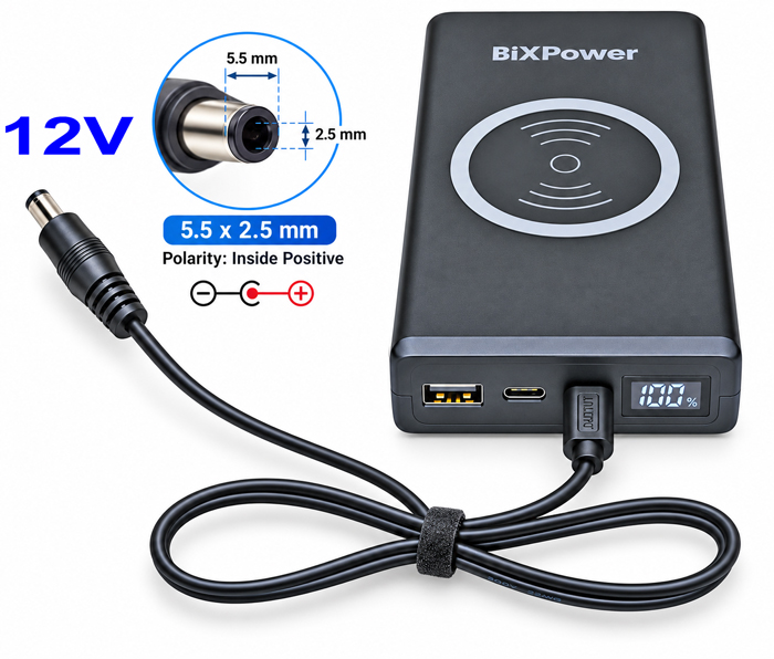 BiXPower 74Wh battery with 12V 5.5 x 2.5mm center positive power cable