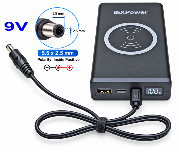 BiXPower 74Wh battery with 9V 5.5 x 2.5mm center positive power cable