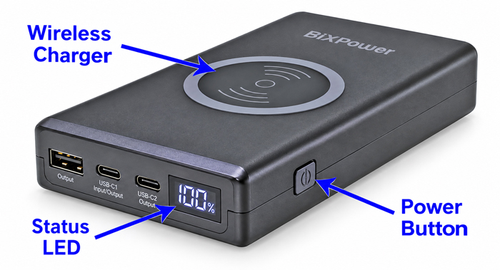 BiXPower battery wireless charger status LED and power button