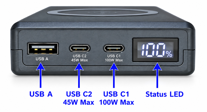 BiXPower USB A USB C2 USB C1 ports and battery status display
