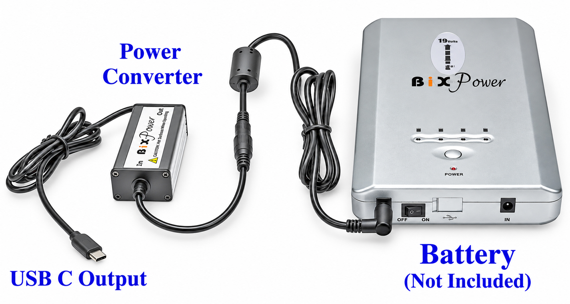 BiXPower battery connected to BX-DD100PD DC to USB-C PD power converter