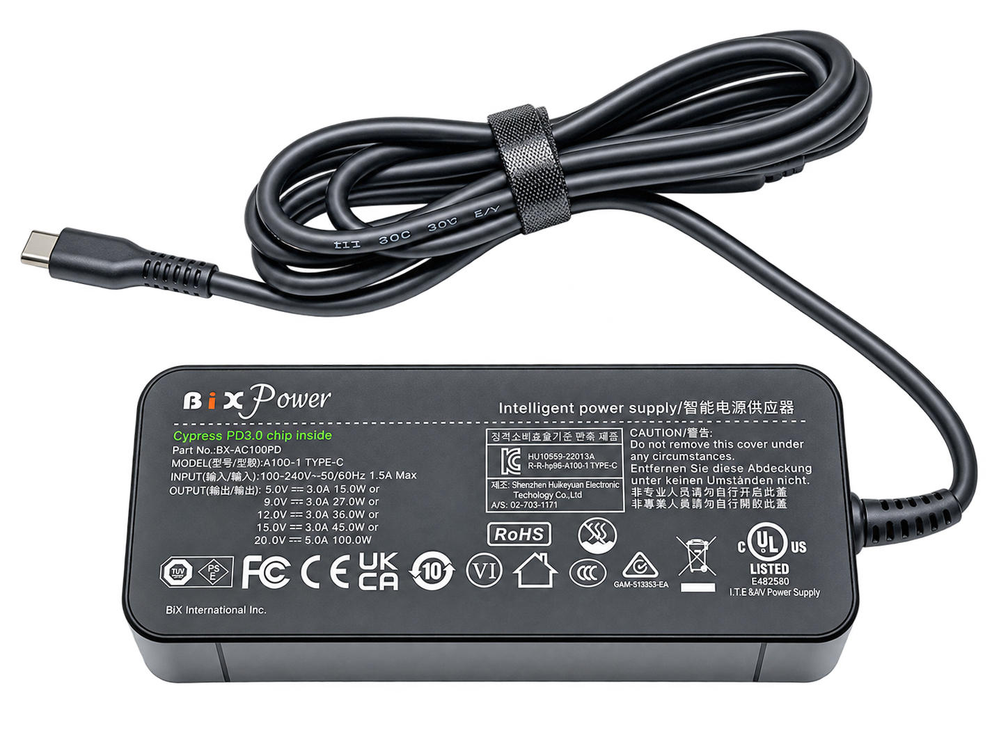 BiXPower BX-AC100PD 100W USB-C charger specification label showing 5V 9V 12V 15V 20V PD outputs and UL Listed compliance markings