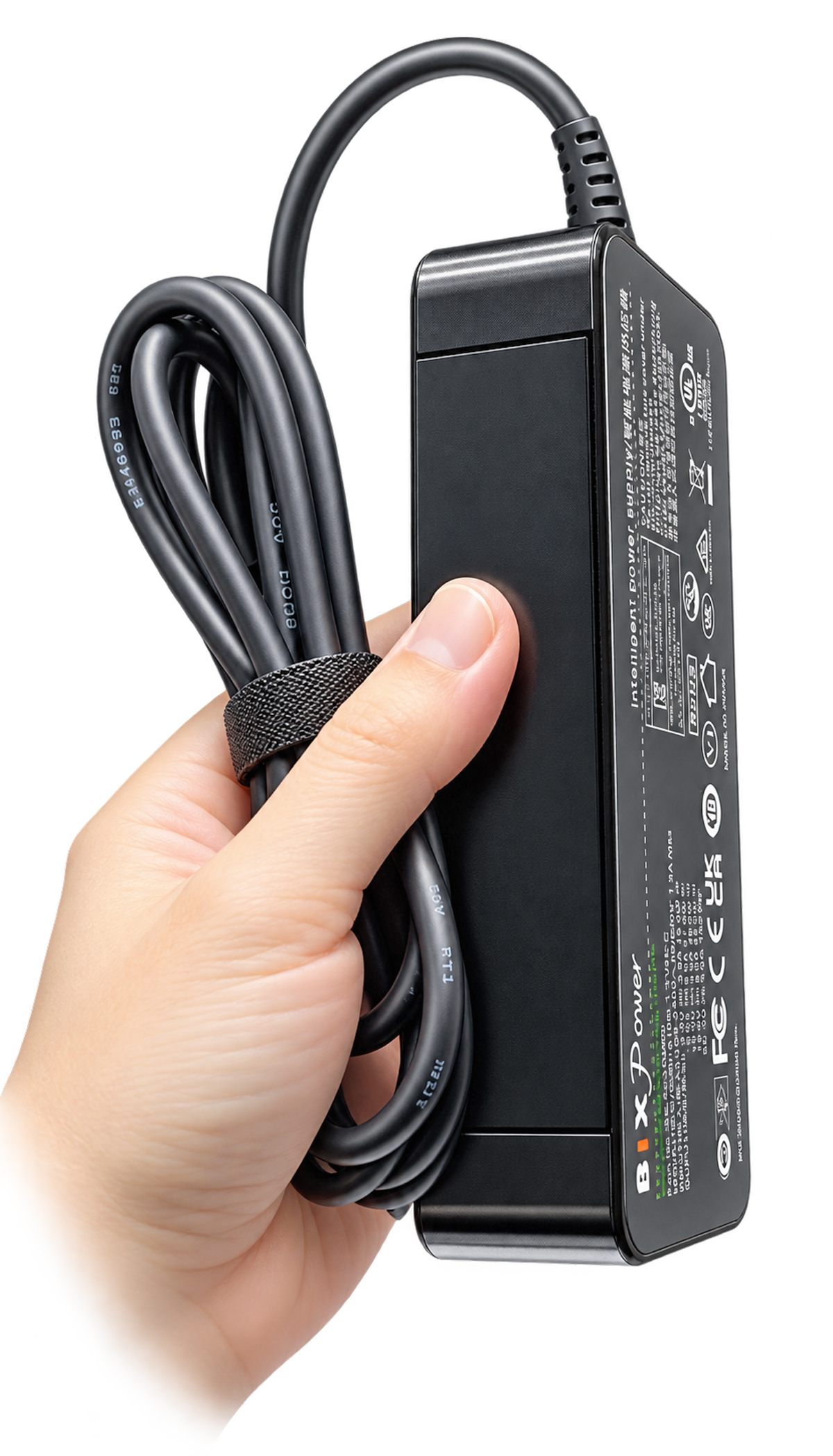 Side view of compact BiXPower 100W USB-C PD AC adapter with bundled USB-C power cable