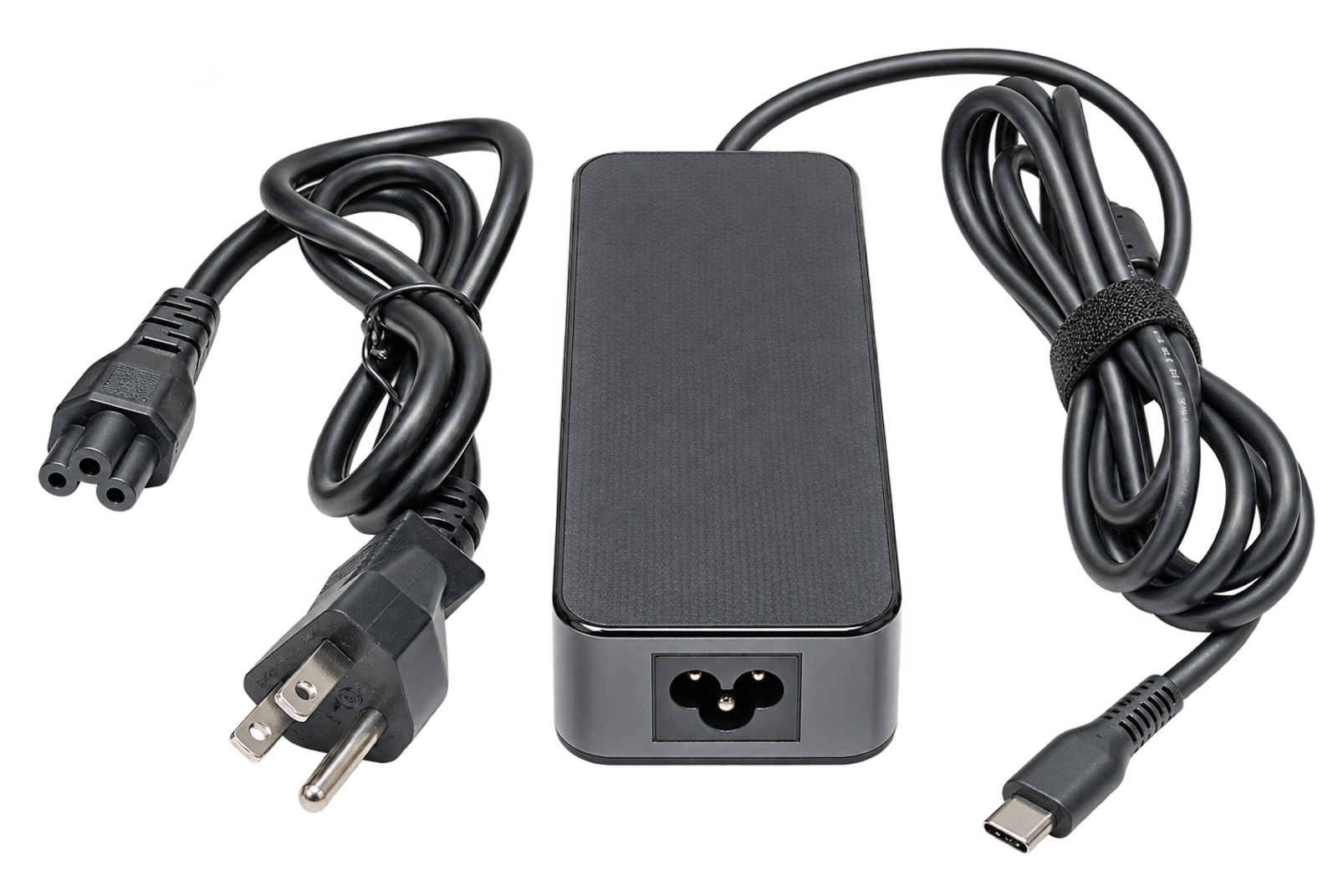 BiXPower 100W USB-C PD power supply showing detachable three-prong AC cord, three-pin AC inlet and attached USB-C output cable