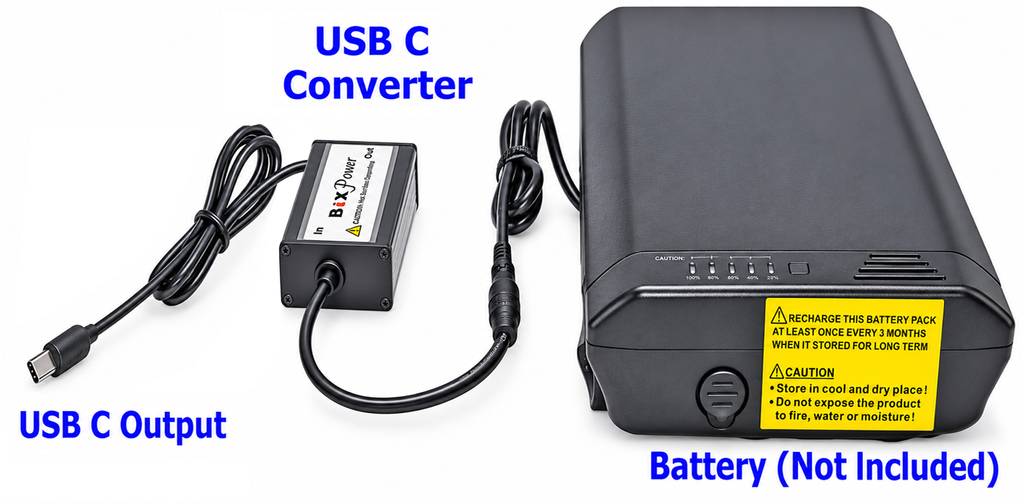 BiXPower rechargeable battery powering USB-C devices through BX-DD100PD converter