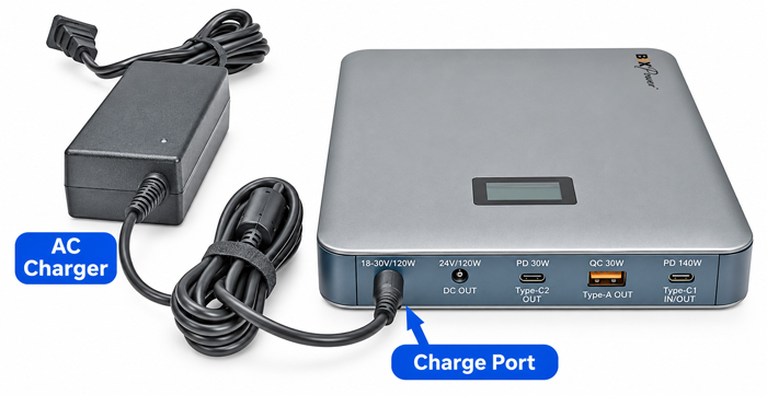 Charging BiXPower VP250 211Wh battery from AC wall power using included charger
