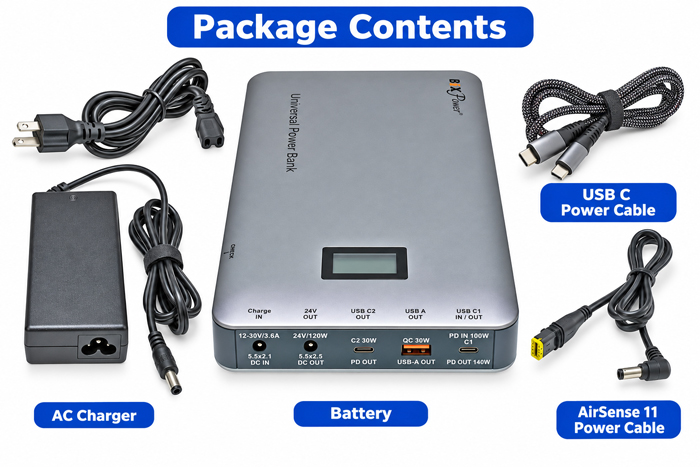 BiXPower VP250-AS11 package contents with 211Wh battery AC charger AirSense 11 power cable and USB-C cable